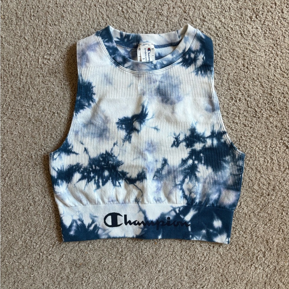 Champion Blue and White Tie-Dye Crop Top